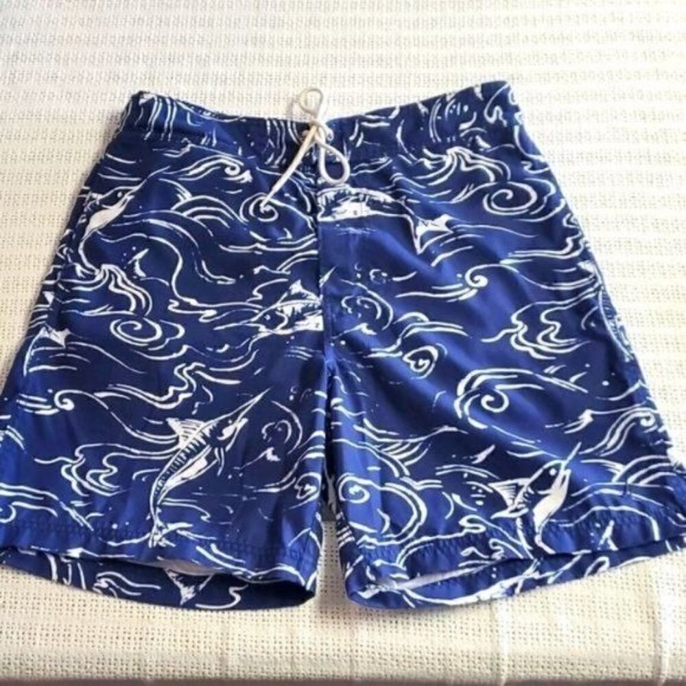 Nautica‎ Graphic Embroidered Logo Swordfish Cinched Pocket Sz. M Swim Trunks